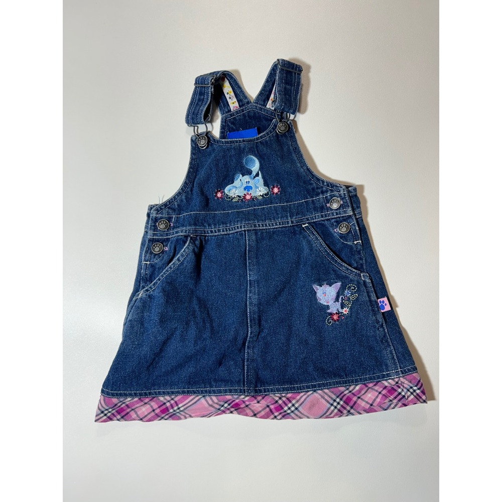 Blue's Clues Denim Overall Dress Toddler 3T Blue Excellent Vintage Plaid Hem